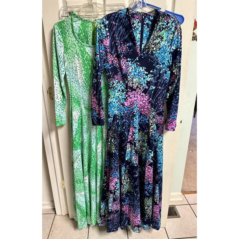 VNT 70s Set Of 2 Maxi Dress Print Boho Hippy Med 12 Green Floral Geo Mod Party